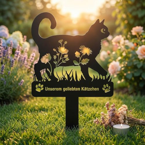 Dexlyn Grabstecker Katze Metall - Wetterfester Grabschmuck & Gedenktafel | Rostfreier Gartenstecker für Draußen. Elegante Grabdekoration & liebevolles Andenken für Katzenbesitzer, Schwarz