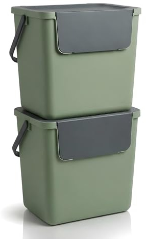 WUITOKI® Mülleimer stapelbar, 2x 30l grün, groß, Mülltrennsystem freistehend, geruchsdicht, 38x28x34(H) cm