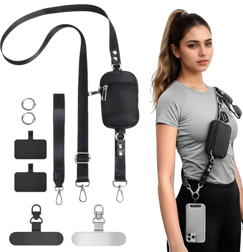 Lwezgi Handyband zum Umhängen Einstellbar Handykette Universal Handy Band für Handyhülle Breit Phone Lanyard mit 2 Patches 1 Stück Halsband 1kurz handgelenk 1abnehmbar Tasche