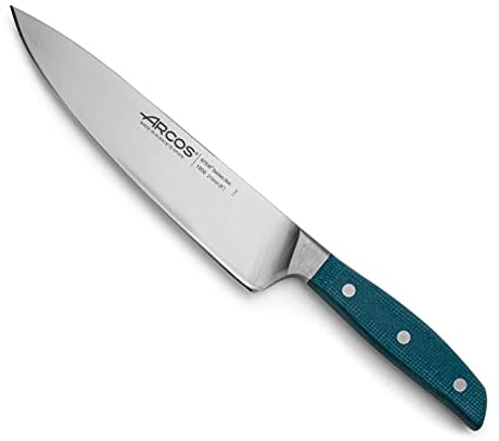 Arcos Cuchillo Cocina Forjado en Acero Inoxidable. Hoja Plateada 210 mm. Cuchillo Chef con Mango Profesional Micarta y Borde de Seda Especial. Serie Brooklyn. Color Azul.