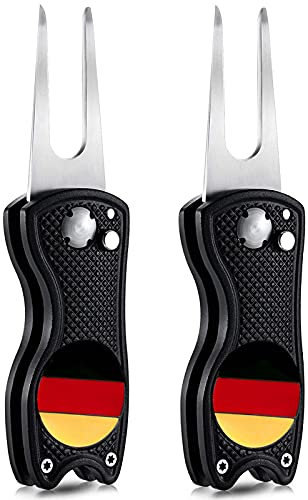 Golf Divot Tool Set Wert 4 Stück mit Magnet Ballmarker, Faltbare Metall Edelstahl Personalisiert Pitchgabel Putting Green Reparatur, Golfplatzgeräte Switchblade Werkzeug für Golfer (2 Stück Schwarz)