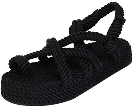 Sandalen Schuhe Frauen Böhmische Flache Leinen Seil Plattform Weibliche Open Toe Slip-On Schuhe (41,1schwarz)