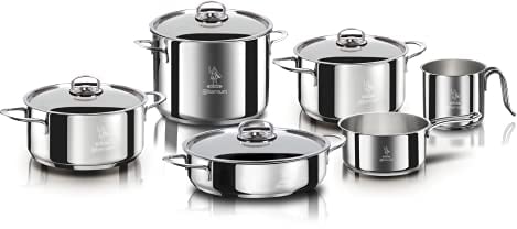 Aeternum Divina Batteria 10 Pezzi in acciaio inox, 1 Bollilatte, 3 Casseruole 14-16-20cm, 1 Pentola 18cm, 1 Tegame 24cm, 4 Coperchi 16-18-20-24cm, Adatta a Induzione, Lavabile in lavastoviglie