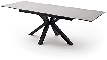 möbelando Nagano Esstisch Glas-Keramik mit vormontierten Stirnauszug, ausziehbar bis 240 cm, Tischplatte aus Sicherheitsglas mit Keramikoberfläche, Gestell Metall schwarz matt Tischplatte in Hellgrau