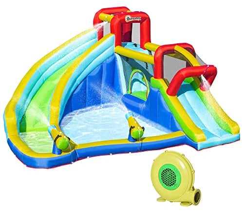 Outsunny Castillo Hinchable para Niños +3 Años Castillo Inflable con Inflador Parque Acuático con 2 Toboganes Trampolín Piscina y Bolsa de Transporte 385x365x200 cm Multicolor
