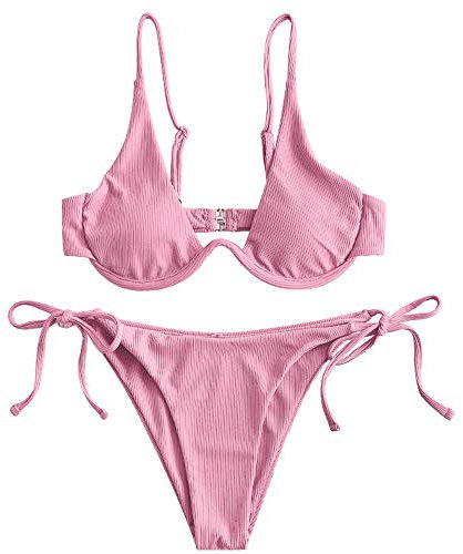 ZAFUL Maillot de bain 2 pièces avec armatures pour femme Motif léopard Criss Cross Push Up Haut rembourré Bikini, Rose-a., L