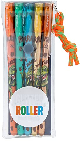 Depesche 11386 Dino World - Glitter Gelstifte-Set, 5 Gelschreiber in Gold, Bronze, Orange, Blau und Grün, zum Schreiben und Verzieren