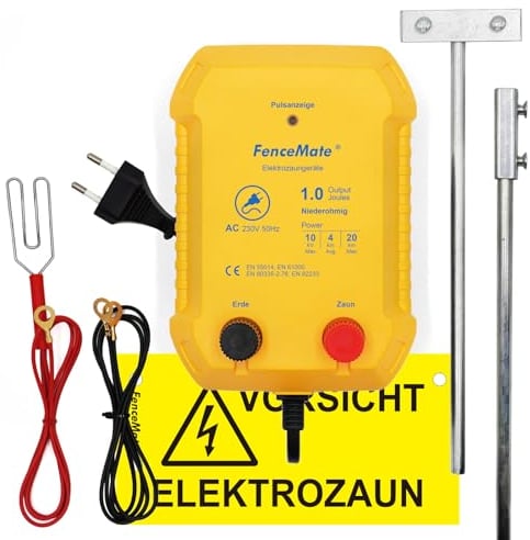FenceMate 230V Weidezaungerät 1 Joule Output für 4 bis 20 km, niedrige Impedanz Spitzenspannung 10kV für Geflügel, Vieh, Hobbytiere, Haustiere, Steuergerät zum Schutz von Gärten und Grundstücken