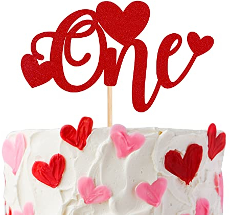1 Stück One Cake Topper mit Glitzer Love Heart 1st Valentinstag Baby Dusche Kuchen Deko Tortendeko für Valentinstag Thema Hochzeit Baby Dusche Kinder 1st Geburtstag Party Kuchen Dekorationen Rot