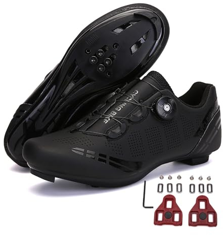 Treer Fahrradschuhe Herren Damen Rennradschuhe mit Cleats, SPD Schuhe Rennrad Schuhe Mountain Road Bikes Schuh Kompatibel Outdoor Radschuhe Fahrrad Indoor Spin 37 EU Schwarz