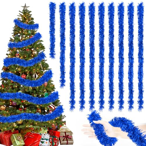 20M/Pack of 10 Lametta Weihnachtsbaum, Lametta Blau Girlande Weihnachten, Weihnachtsbaum Deko, Weihnachtsdeko Girlande, Lametta Girlande für Vorhänge, Zimmer, Party Weihnachtsfeierdekoration