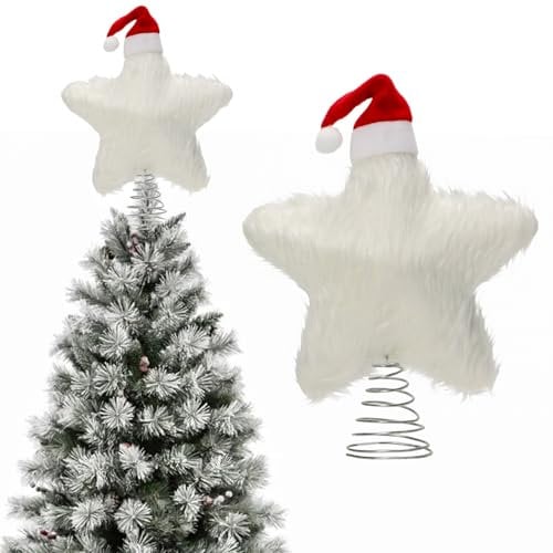 Plush Christmas Tree Topper Star, 19CM Fluff Star with Mini Christmas Hat - White