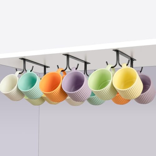E-ROOM TREND Mug Holder | Under Cabinet/Shelf | 12 Hooks | Coffee Tea Cup Mug Holder/Cup Organizer/Mug Drying Display Rack for Kitchen Cabinet Cupboard Bar Utensils | 3 Packs Black (MHU3BK)