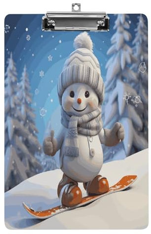 Acryl-Klemmbrett mit niedlichem Snowboard, Schneemann, bedruckt, niedlich, dekorativ, glitzernd, Klemmbrett für Damen, 21,6 x 28,9 cm