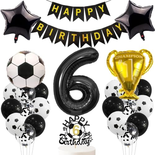 Anlgdi Luftballon 6. Geburtstag Deko, Fußball Ballon 6. Geburtstag Deko Junge, Fussball Helium Ballon 6 Geburtstag Junge, Happy Birthday Banner für Fussball 6. Geburtstag Party Dekoration