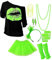 Neon Netz Shirt 10Tgl. 80er Jahre Outfit Accessoires Haarreif Halskette Handschuhe Beinstulpen 80er Kostüm Accessoires Karneval Cosplay Party Faschingskostüm Damen Party Outfit Damen Sexy Curvy