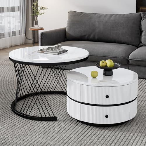 LANTRO JS Couchtisch Rund mit Stauraum, Kleiner Wohnzimmertisch mit 2 Schubladen,Beistelltisch mit Hochglänzender Marmoroptik,60x60x46cm,50x50x30.8cm, Schwarzrahmen