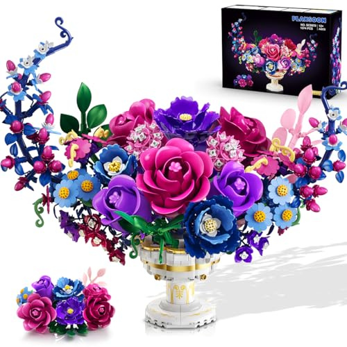 PLAXSOON Mond Blumen Klemmbausteine Bauspielzeug für Erwachsene mit Licht | Mondförmiges Rosen Blume Botanical, 1274 Stück Flower Pflanzenkollektion Home Dekor, Geschenk für Frauen Jungen Mädchen 12+