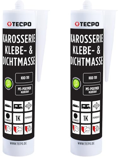 TECPO Karosseriekleber Dichtstoff MS Polymer, 2x 414g Schwarz UV-und Witterungsbeständig Überlackierbar- Abdichtung von Karosserieteilen, Blechen und Fugen