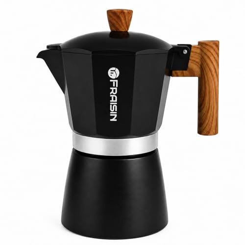 FRAISIN Stovetop Espresso Moka Pot Coffee Maker, Non-Slip Wood Grain Handle, Cast Aluminum, Compatible with Gas & Electric Stoves (Black, 9 Cups)