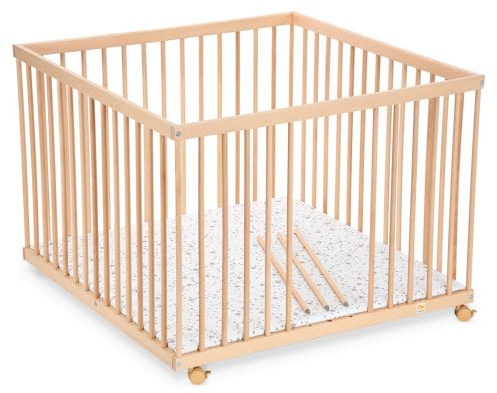 FabiMax Baby Laufgitter 100x100, stufenlos höhenverstellbar, mit Schlupfsprossen, Laufstall aus massivem Buchenholz, klar lackiert (Ohne)