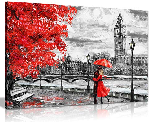 London Oil Painting Artwork Reproduction Big Ben Red Umbrealla Canvas Wall Art Picture Print (18X12)