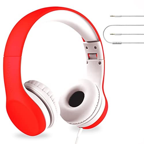 LilGadgets Connect+ Premium Volume Limited Wired Headphones with Shared Port and In-Line Microphone (Kids, Toddler) Red