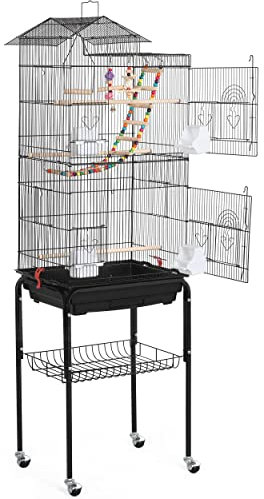 Yaheetech Voliere Oiseaux Interieur Cage Oiseau Cage Perroquet pour Canaris Perruches avec Support Détachable Poignée Toit Ouvrant 46 x 36 x 159 cm Noir