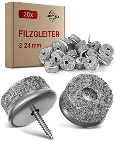 LouMaxx Stuhl Filzgleiter Schrauben rund, Ø 24mm grau - Stuhlgleiter mit 6mm dickem Filz &Metalleinfassung - Filzgleiter für Stühle Schrauben - Premium Stuhlbeinschoner Filz auch für Möbel 20 Stück