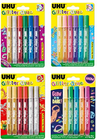 UHU Glitter Glue, colla glitter per fai da te in tubetto con punta dosatrice fine, 23 x 10 ml (1 set speciale)
