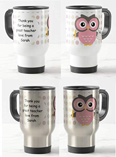 Vixar Teacher Travel Mug - Thank You, OWL Personalised Mug Customised with Name, Teacher Gift from Kids, School Gift (White)