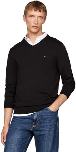 Tommy Hilfiger Jersey Hombre Essential Cotton con Cuello de Pico, Negro (Black), L