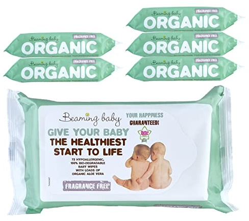 Beaming Baby Organic Baby Wipes, Bio-Degradable, Eco Friendly and Chemical Free! (Fragrance-Free, Pack of 6)
