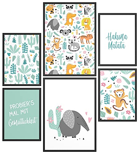 Papierschmiede® Bilder Kinderzimmer Kids Mood Poster Set Hakuna Matata Tiere, Kinderzimmer Bilder Babyzimmer Deko, 2x DIN A3 und 4x DIN A4, Löwe Dschungel Elefant - Kinderposter ohne Rahmen
