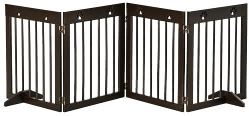 PawHut Freestanding Pet Gate 4 Panel Dog Gate, Brown | Wooden Dog Barrier, Folding Safety Fence, Support Feet up to 204cm Long 61cm Tall for Doorway Stairs
