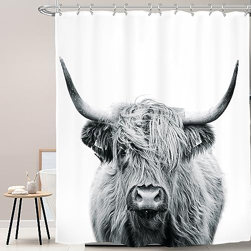 AMBZEK Kuh-Duschvorhang, 183 x 213 cm, Bull, Westernkuh, Hochlandkuh, Porträt, Rind, Bauernhaus, Tierwelt, lustig, niedlich, Skizze, Milchgrau, Weiß, Stoff, Badezimmer-Dekor-Set mit 12 Haken