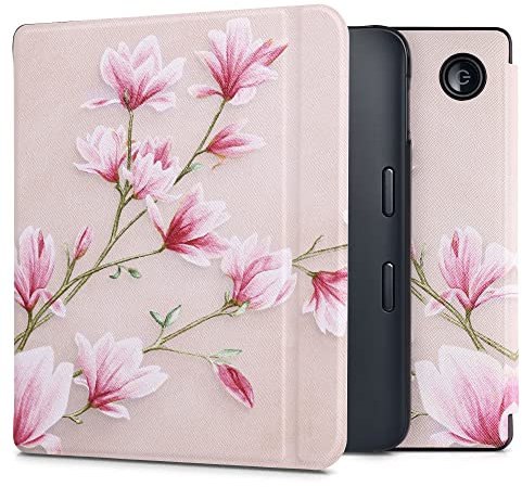 kwmobile Custodia eReader Compatibile con Kobo Libra 2 Cover - eBook Reader Flip Case - rosa/bianco/rosa antico - Magnolie