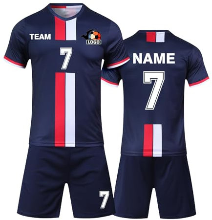 Benutzerdefiniert Fussball Trikot Kinder Set und Erwachsene Set Personifizieren Name Nummer Mannschaft Fussball Trikots Herren und Frauen (Kurz Blau)