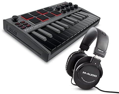 MIDI Controller Bundle - AKAI Professional MPK Mini Black MK3 MIDI Keyboard with MPC Beats Production Software and M-Audio HDH40 Over Ear Headphones