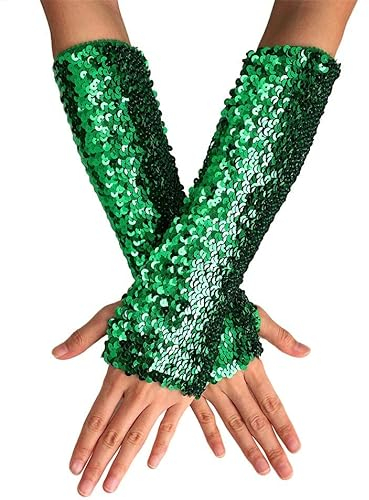 GEMILY Pailletten-Handschuhe, lang, fingerlos, modisch, elastisch, Party-Kostüm-Zubehör für Damen und Mädchen, A-grün, Einheitsgröße