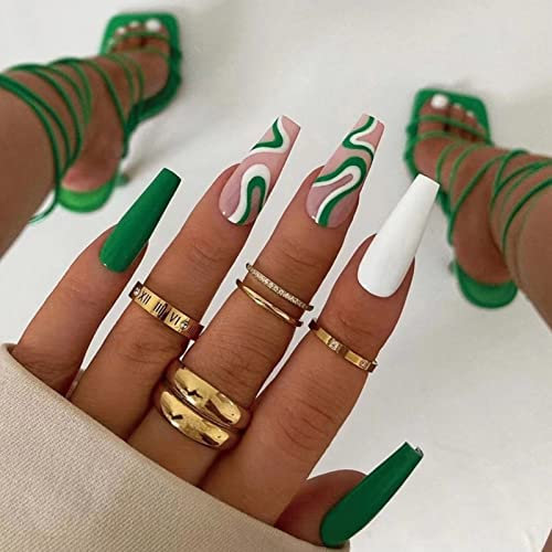 RUNRAYAY Green French Medium Fake Nail, Press On False Nails with Ocean Waves Design, Coffin Acrylic Full Cover Nails Tips for Women & Girls 24Pcs