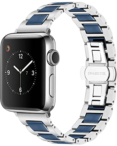 YISIWERA Kompatibel für Apple Watch Blau Keramik Silber Metall Armband 38mm 40mm 41mm Edelstahl Ersatzarmbänd für iWatch Ultra Series 9 8 7 6 5 4 3 2 1 SE für Herren Damen