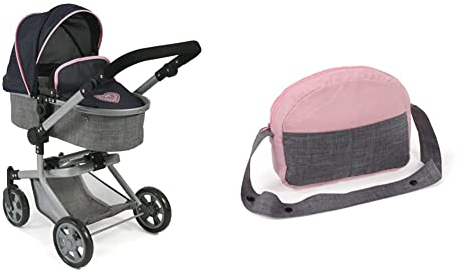 Bayer Chic 2000 - 59526 - Puppenwagen Mika, 2in1 Kombipuppenwagen für 4-8 Jahren, Melange grau-Navy & 853 15 Wickeltasche für Puppen, Puppenwickeltasche Bayer Chic 2000-Wickeltasche, Melange grau-rosa