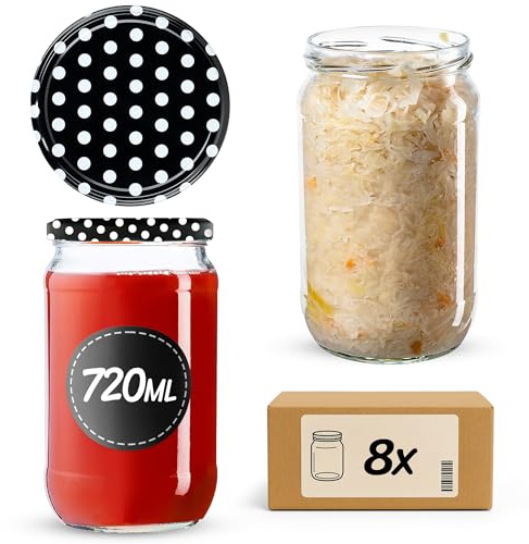 KADAX 8er Set Einmachgläser 720ml TO82 Schwarz gepunktet, Große Sturzgläser mit Schraubdeckel, Einkochgläser Fermentierglas für Gurken, Gemüse, Sauerteig