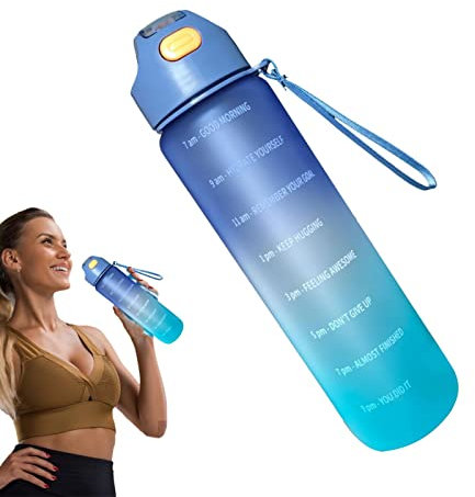 Imtrub Sports Water Bottle - Water Bottles With Time Marker | 1L Gradient Water Bottle With Strap & Straw, Leakproof Fast Water Bottle To Remind You Drink More Wate