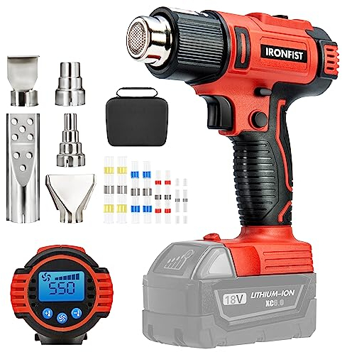 Ironfist Heat Gun Cordless for Milwaukee M18 Battery, Welding Hot Air Gun with Digital Display 2-Temp Setting & 6 Gear Wind Speed Adjustable with Storage Bag & 5 Nozzles (Battery NOT Included)