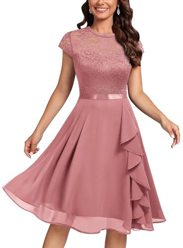 MIUSOL Women's Vintage Lace Contrast Chiffon Ruffles Classy Party Flared Swing Dress (Small, Rosiness)