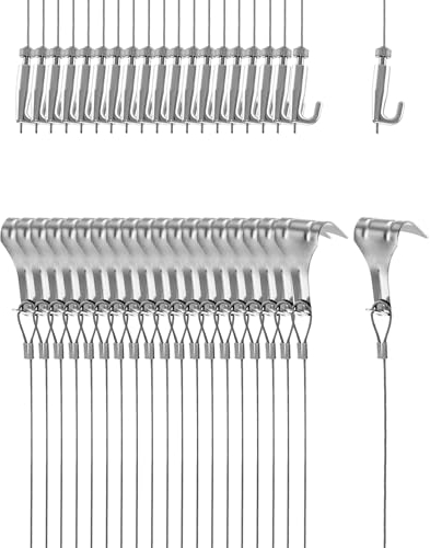 QWORK® Cavo per Appendere Quadri, Filo di Sospensione 2m x Ø1.5mm in Acciaio Inox con Gancio Regolabile e Gancio Binario, Carico 40kg, 20 Pezzi