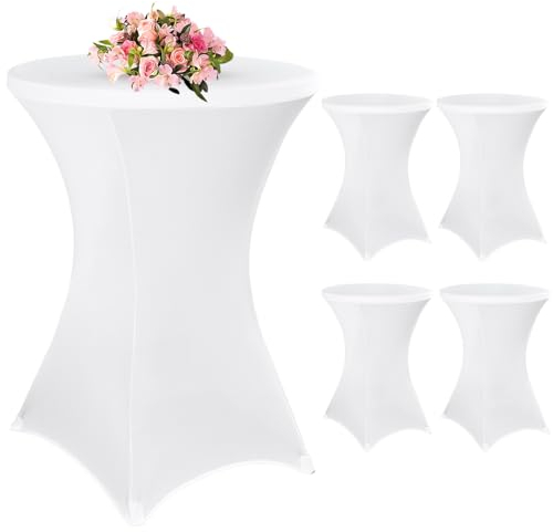 4 Stück Weiß Stehtisch Hussen Stehtische, Stehtischhusse für Ø 80-85 cm Stehtische und Bistrotische, Stretch-Tischdecke mit Fußtaschen für Hochzeit Geburtstagsfeier Bankett(80 cm, weiß)