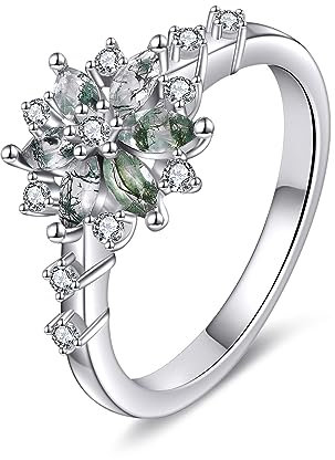 Moosachat Ring 925 Sterling Silber Verlobungsring Damen Schneeflocke Edelstein Ring Moosachat Schmuck Geschenke (silbrig, 54 (17.2))
